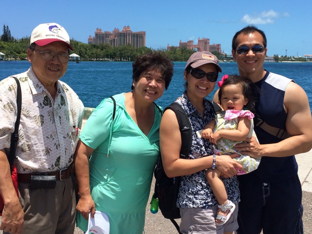 Irene's parents and us in Nassau. Atlantis resort is in the background.